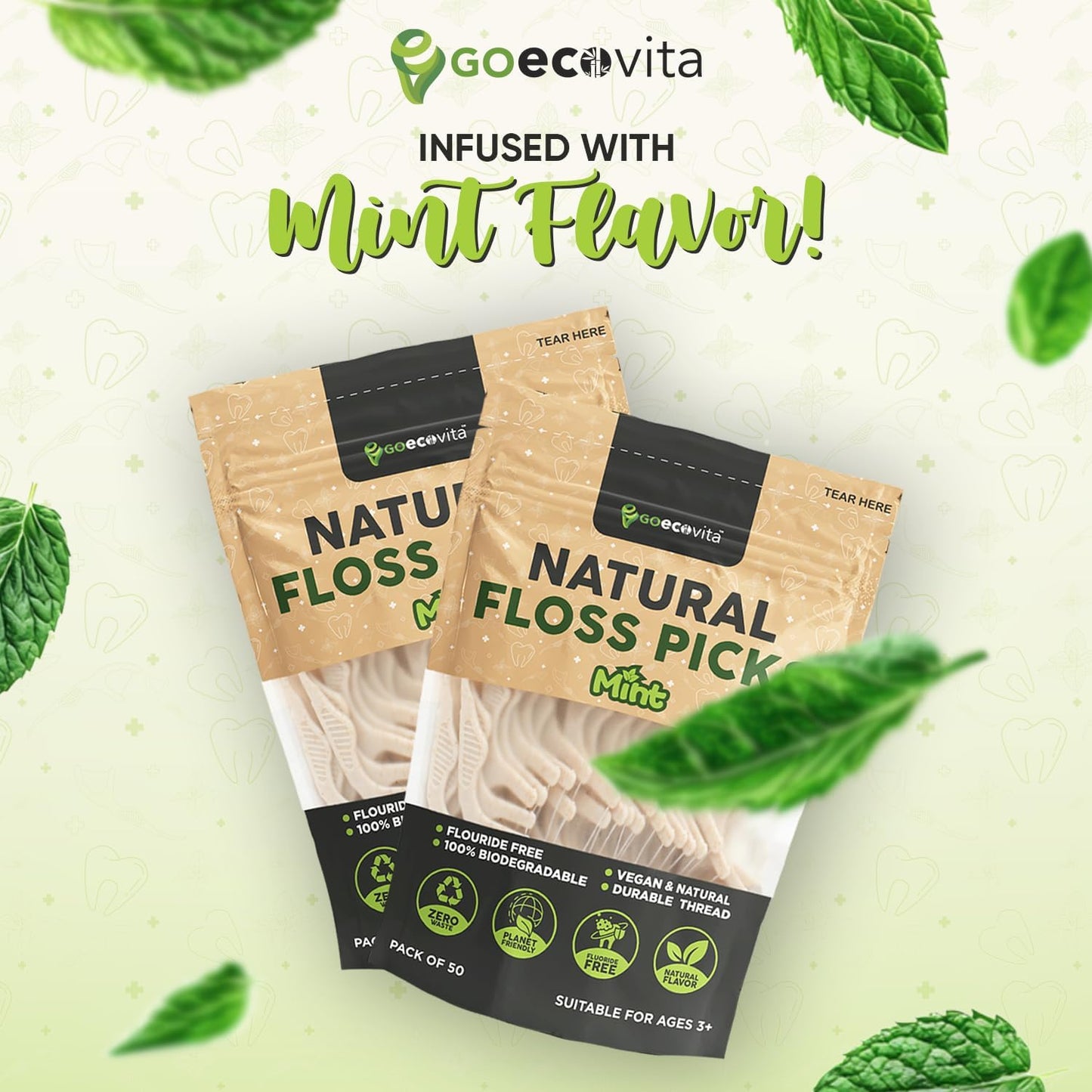 Biodegradable Floss Picks - Natural Straw Wheat Handle | Thin & Durable Thread for Tight Gaps! | Dental Flossers for Adults | Gentle on Gums & Teeth | Eco Friendly, Vegan, Natural (100 Pack, Mint)