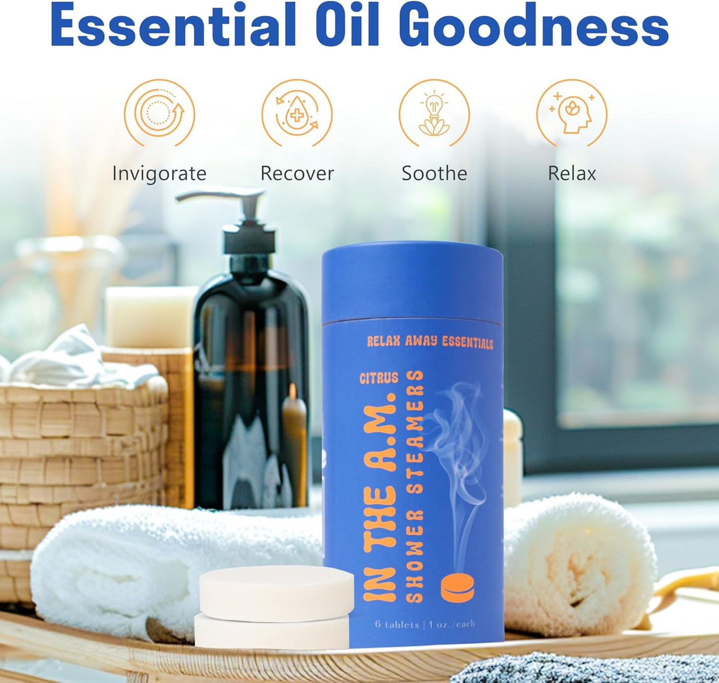 Relax Away in The A.M. Shower Steamers 6 Pack - Energizing Citrus Blends - Pure, Burst, Mist, Glow, Meadow, Spa - Uplifting & Rejuvenating - Essential Oil Aromatherapy - User-Friendly Set