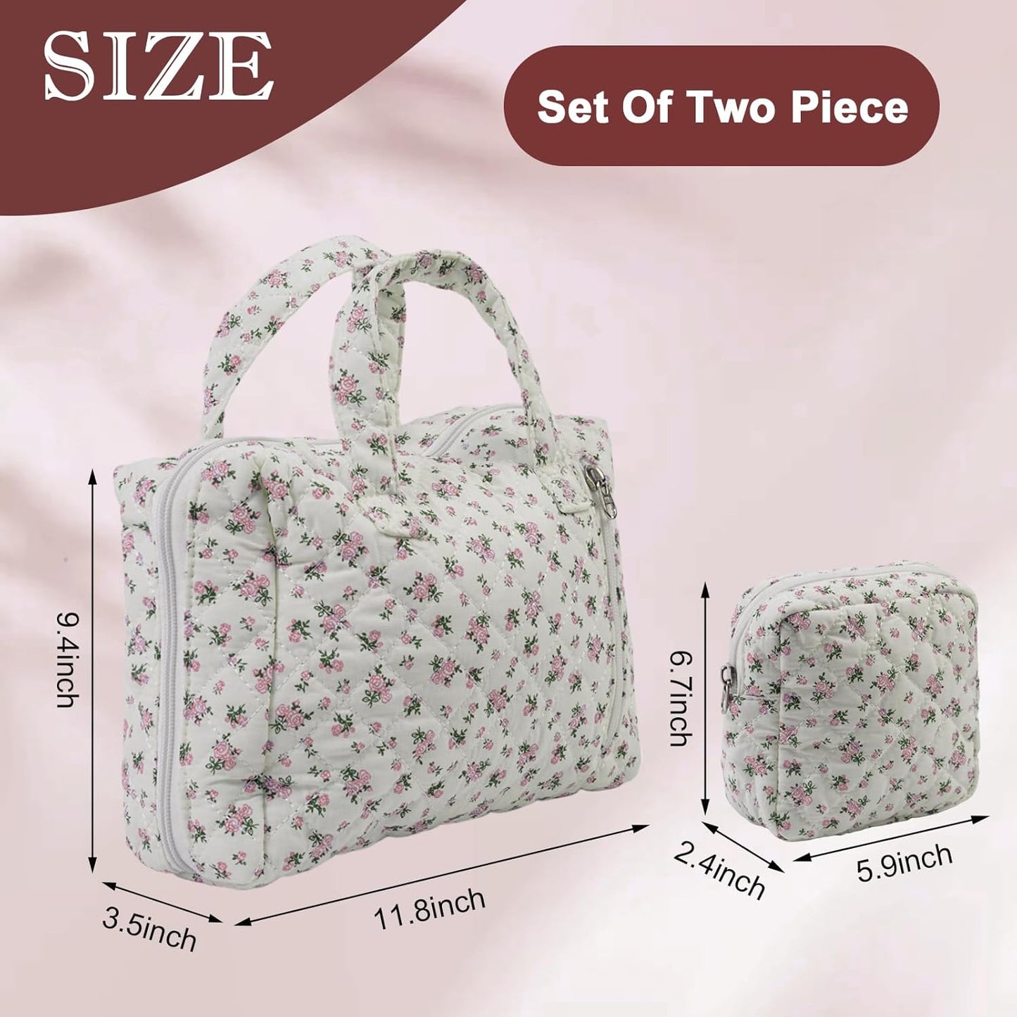 Cute Quilted Floral Makeup Bag(2Pcs)，Coquette Aesthetic Cosmetic Bag，Travel Toiletry Bags， Kawaii Aesthetic pouch for Women (12-Pink)