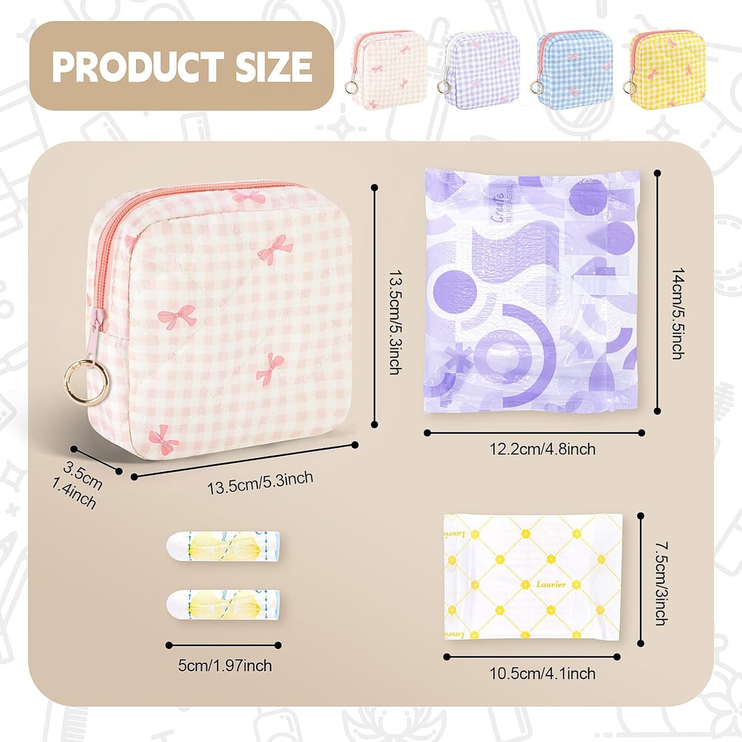 Period Bag for Teen Girls, Quilted Sanitary Napkin Storage Bag, Cute Bow Tie Menstrual Pad Pouch Tampon Holder (Plaid-Purple)