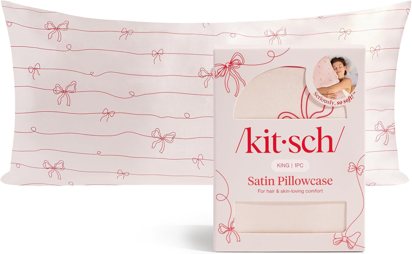 Kitsch Satin Pillowcase, Softer Than Silk Pillow Cases King, Cooling Pillow Covers, Satin Pillowcase w/Zipper for Hair, Skin & Quality Sleep, Wrinkle-Free & Smooth, King Size 19"x36"- Striped Bows