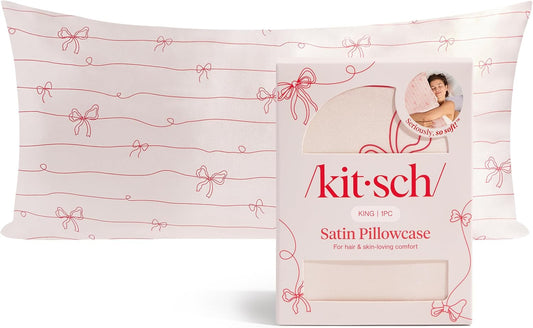 Kitsch Satin Pillowcase, Softer Than Silk Pillow Cases King, Cooling Pillow Covers, Satin Pillowcase w/Zipper for Hair, Skin & Quality Sleep, Wrinkle-Free & Smooth, King Size 19"x36"- Striped Bows
