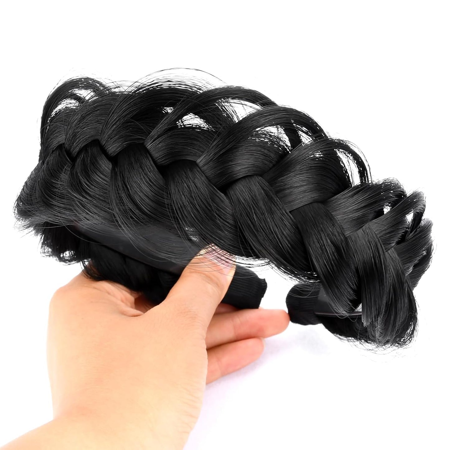 DIGUAN Wide Messy Braided Headband With Teeth Synthetic Hair Plaited Headband High Elasticity Braids Chunky Fishtail Braided Hair Band Hairpiece for Girls Women Beauty Accessory (Black)