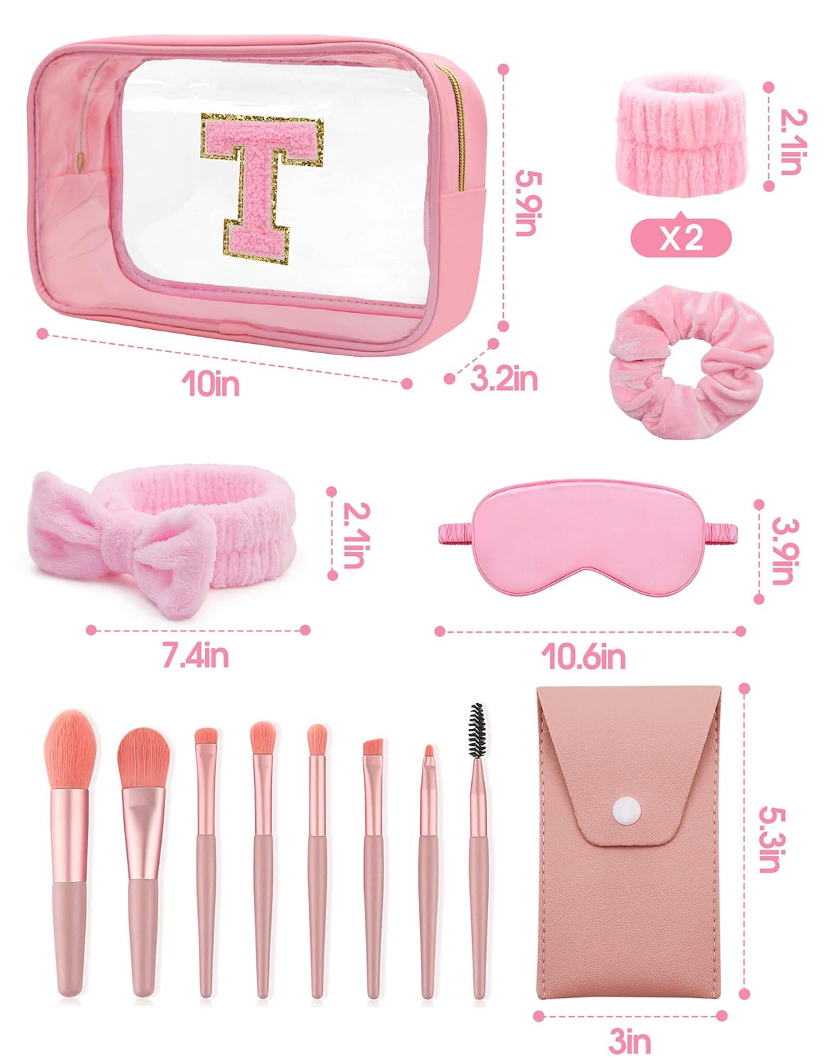 Gift Sets for Women, Initial Makeup Bag with Makeup Brush Set Bachelorette Party Favors, Pink Spa Kit with Skincare Headbands Wrist Bands Sleepover Party Supplies Gifts for Teen Girls Bridesmaid T