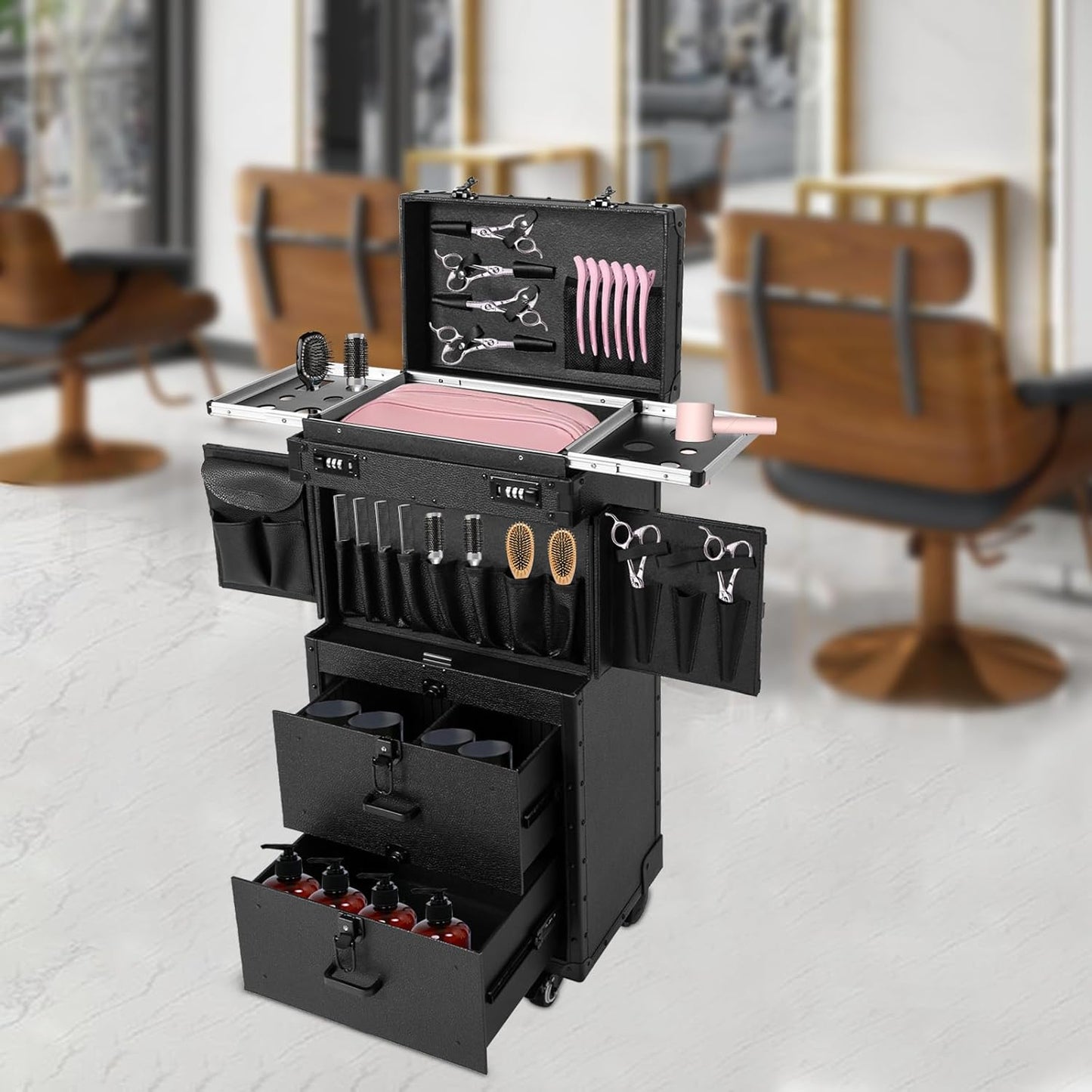 Lockable Makeup Train Case,44.09 lbs Rolling Hairdressing Trolley,Cosmetology Case on Wheels,Beauty Salon Cosmetic Luggage with Universal Wheels for Hair Stylist,Make-up Artists(Black)