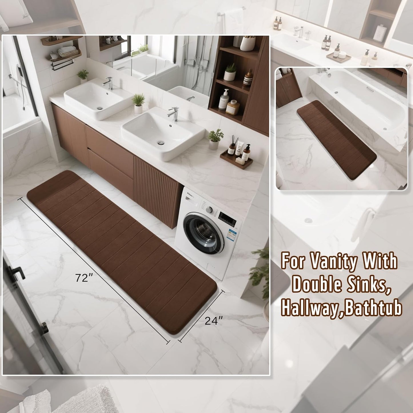 Yimobra Bathroom Runner Rugs 72"x24" Non Slip Washable Memory Foam Bath Mat, Super Soft Water Absorbent Hallway Carpet for Vanity Tub Shower, Brown