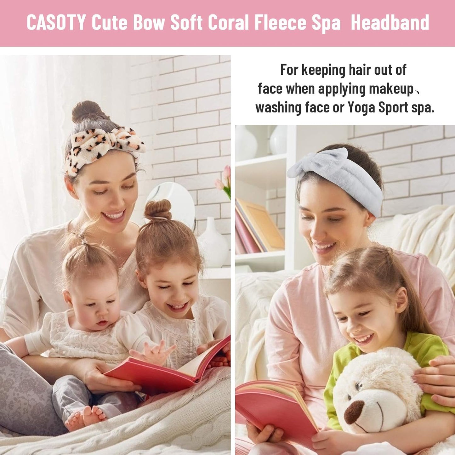 Casoty 6 Pcs Skincare Headband Bow Hair Band Spa Headband for Women Soft Coral Fleece Headbands for Washing Face Terry Cloth Head Band Makeup Head Band Face Wash Headbands