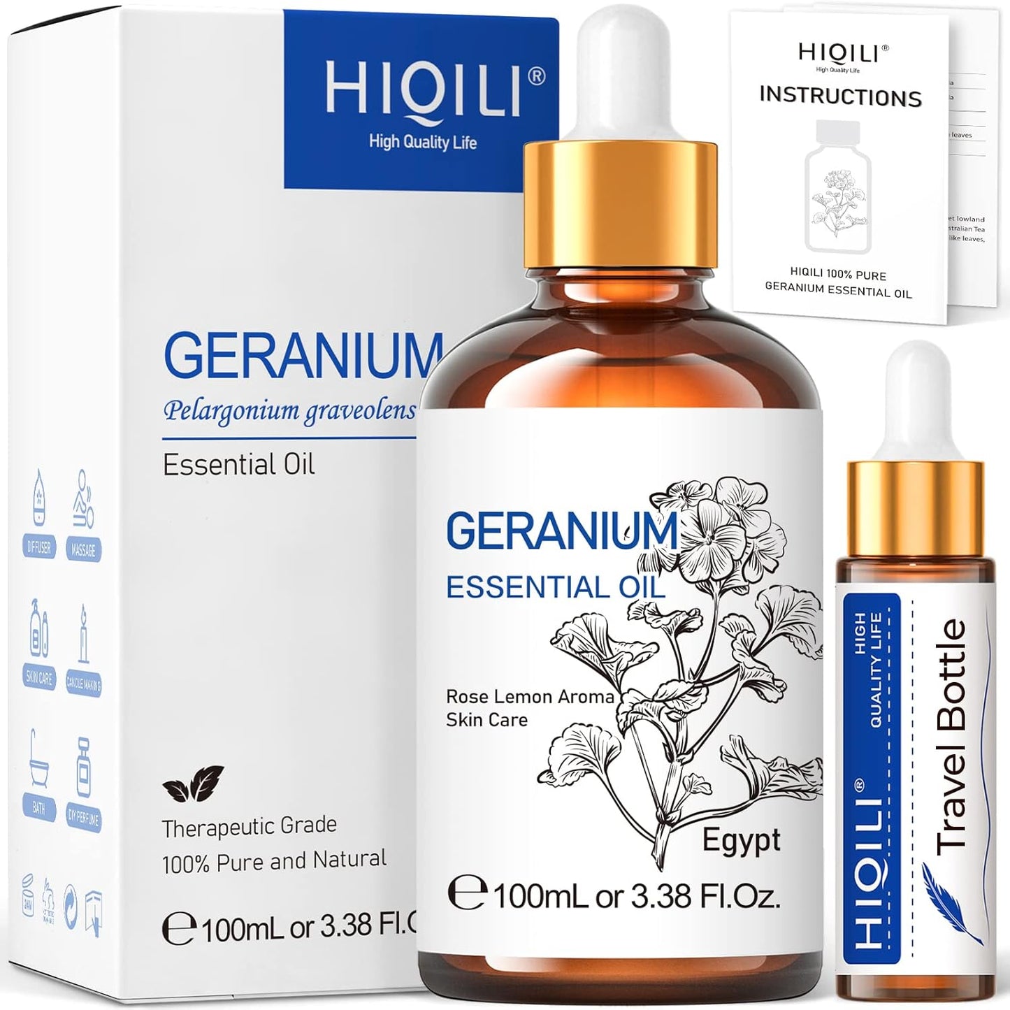 HIQILI 100ML Geranium Essential Oil for Skin, Diffuser & Candle, 100% Pure and Natural - 3.38 Fl Oz