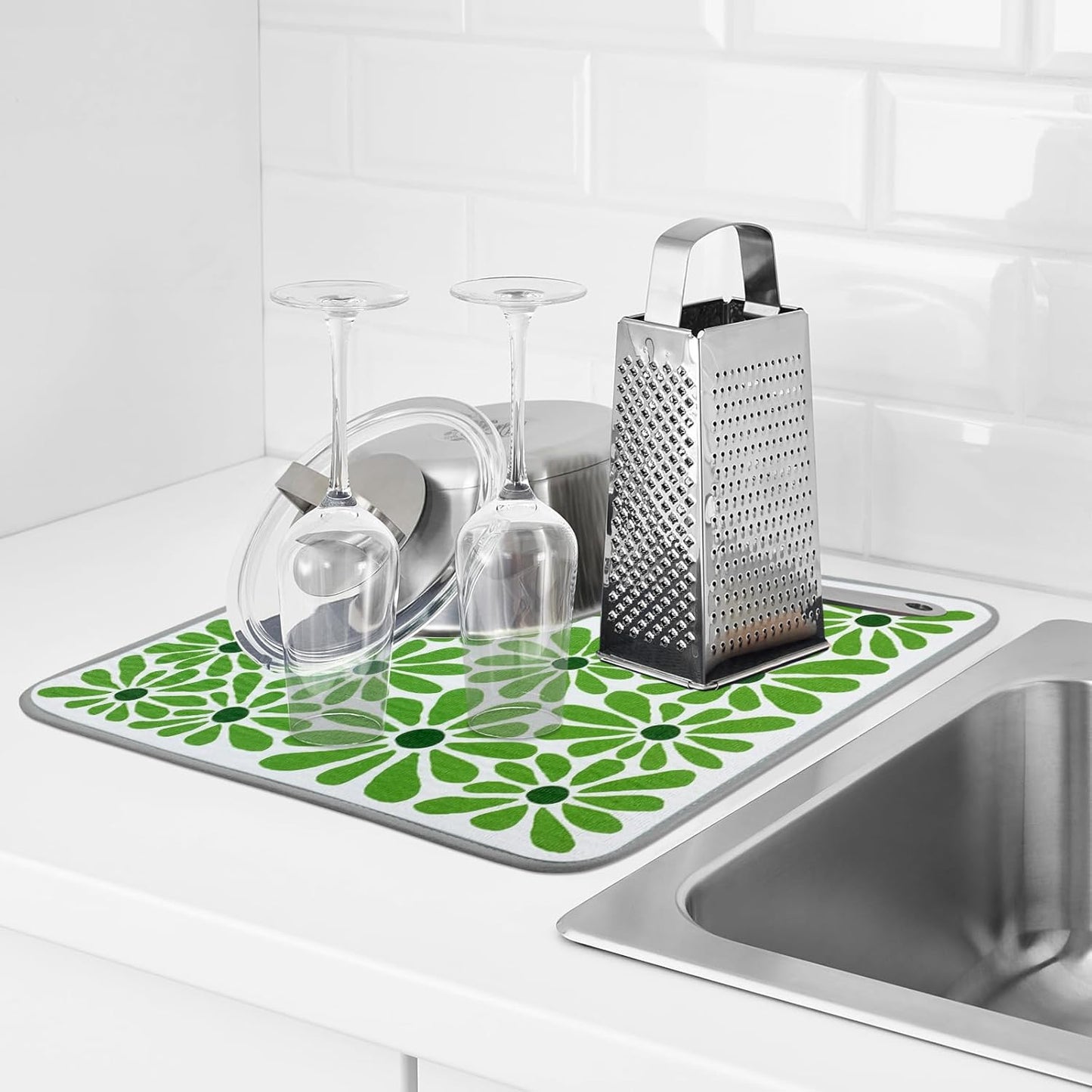 SHIYUE Dish Drying Mat for Kitchen Counter Super Absorbent Spring Kitchen Decor Microfiber Drying Matainers Rack Fast Pad Dish Drainer Mats(Cute Green Flower,16''x18'')