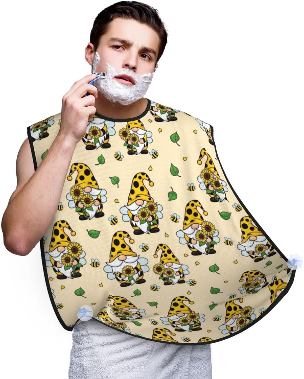Strong Suction Cup Beard Grooming Bib, Non-Stick Hair Catcher, Waterproof, for Shaving, Gnomes Bees and Sunflowers