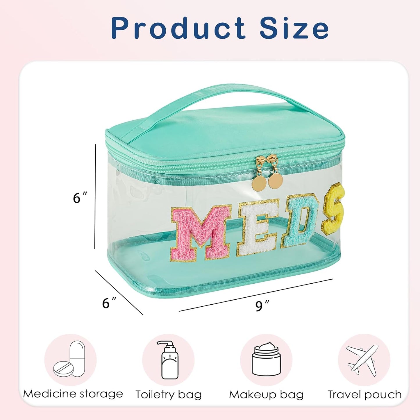 Personalized Chenille Letter Clear Medicine Makeup Bag, Large Waterproof Nylon Cosmetic Toiletry Storage bag with Top Handle, Transparent Meds First Aid Travel Organizer Cosmetic Bag(12Green-Meds)