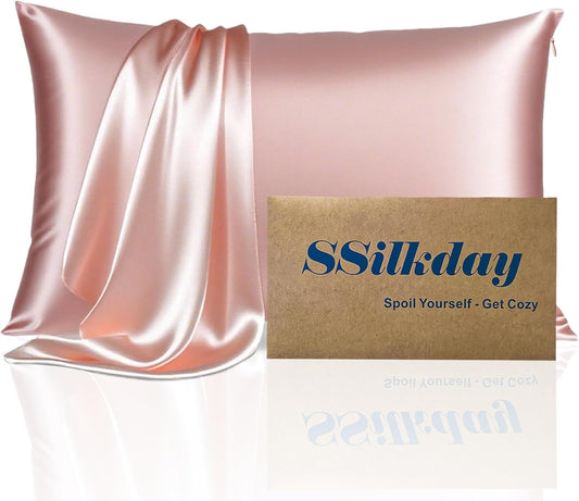 Mulberry Silk Pillow Cases with Zipper, Ultra Smooth Soft Breathable Cooling Pillow Cases for Hot Sleepers, Silk Satin Pillowcase for Hair and Skin, Gifts for Women (Pink, Standard Size, 1 Pack)