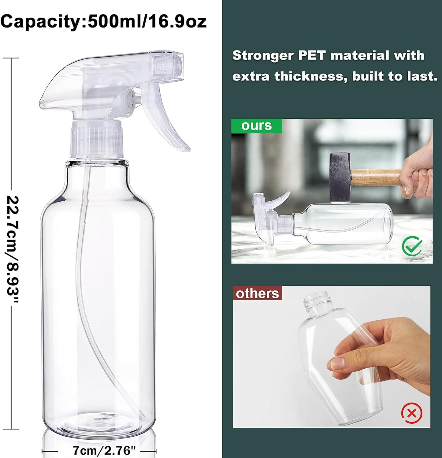 Spray Bottles 16.9oz Plastic Spray Bottle for Hair Mist/Stream Heavy Duty Empty Spray Bottles for Cleaning Solutions, Plants (16.9oz-Clear)