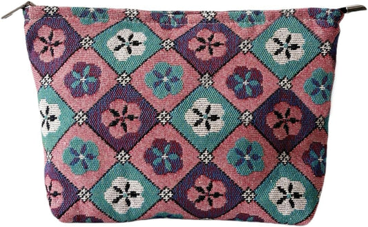 Diamond-shaped Flower Makeup Bag for Women, Canvas Cosmetic Bag with Zipper Lining, Travel Makeup Pouch for Purse, Small Pouch for Toiletry, Cosmetic, Sunscreen, Hygiene, Skincare, Medicine, Sunblock