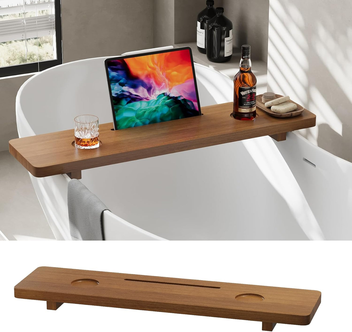 Premium 1.2IN Thickened African Solid Teak Bathtub Tray, 35” Waterproof Bath Caddy with Adjustable Legs, Bathtub Accessories, Fits Most Bath Tubs