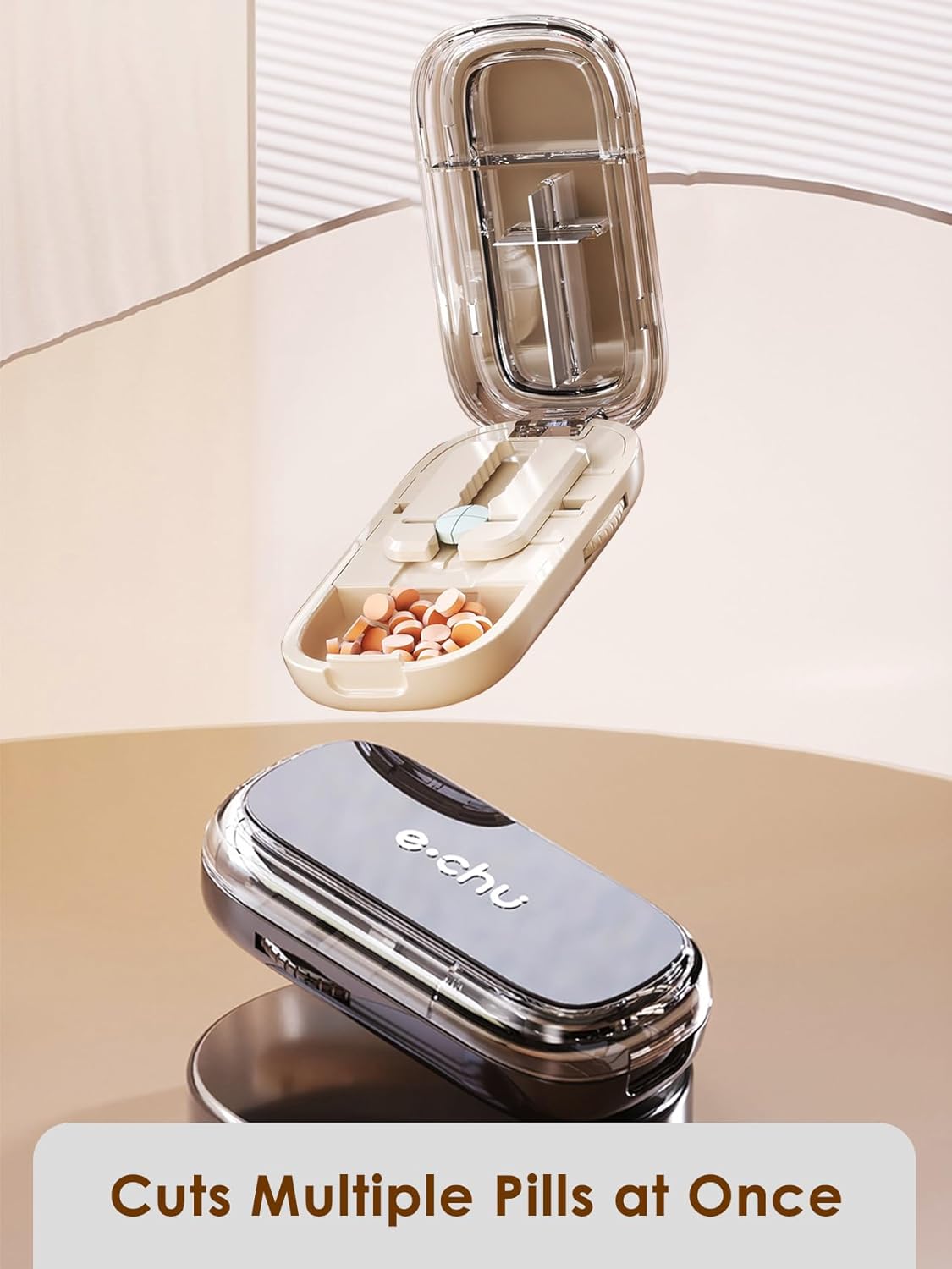 Pill Cutter Splitter for Small and Tiny Pills - Adjustable Pill Splitter with Centering Device for Cutting Multiple Pills, Accurate Alignment and Easy to Use (Beige)