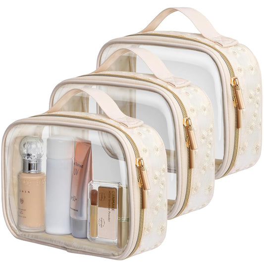 PACKISM Floral Texture TSA Approved Toiletry Bag - 180° Large Opening Clear Makeup Bags with Handle, Easily Access, Quart Size Travel Bag TSA Approved, Thick Non-deformable No Smell, Beige
