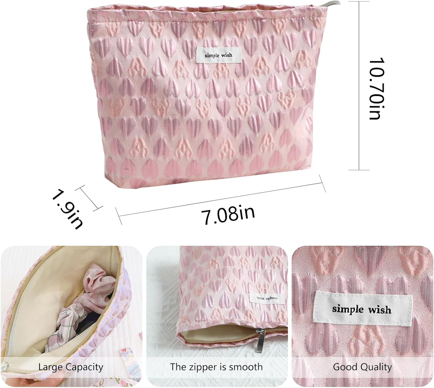 Wudygirl Makeup Bag Travel Cosmetic Bag Large Capacity Makeup Pouch for Women Canvas Make up Organizer Pencil Pouch Aesthetic Zipper Handbag (Pink Heart)