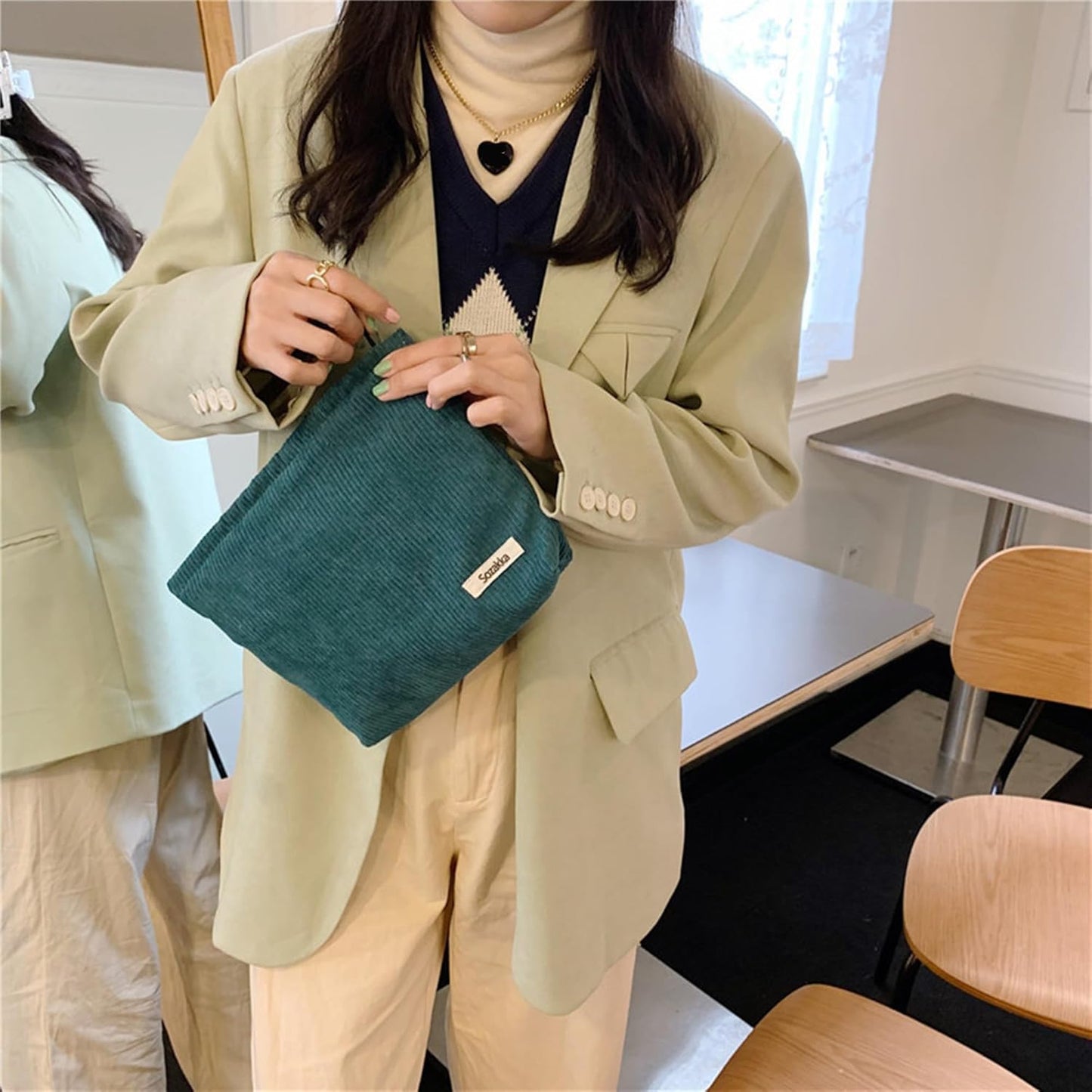 Cosmetic Bags for Women - Corduroy Cosmetic Bag Aesthetic Women Handbags Purses Smile Dots Makeup Organizer Storage Makeup Bag Girls Case Bags (Pure Dark green)