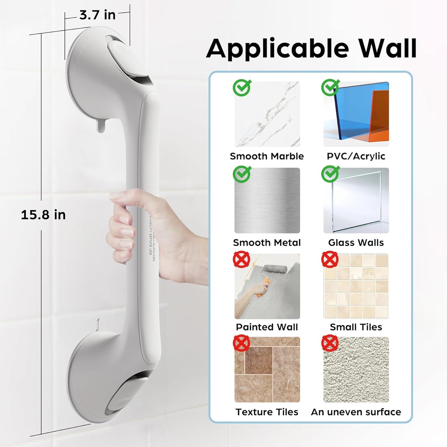 2 Pack 16 Inch Grab Bars for Bathtubs and Showers for Seniors, Heavy Duty Shower Handle for Elderly, Suction Cup Removable Handrails Handicap Bath Grip Bathroom Safety Grips （White）