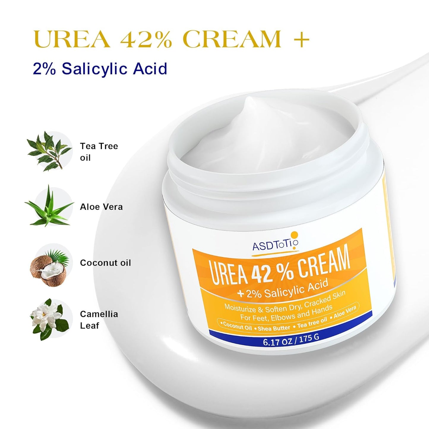 Urea Cream 42% - Foot Care for Dry Cracked Heels, Foot Lotion - With 2% Salicylic Acid, Tea Tree Oil, Shea Butter, Aloe Vera - For Feet, Hands, Heels, Elbows, Knees and More - 6 oz