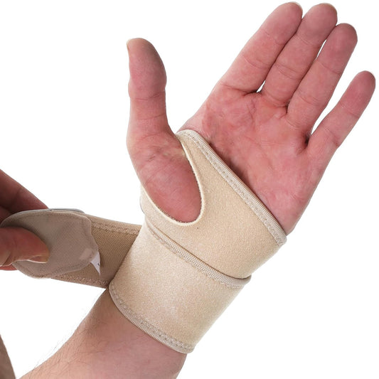 NeoTech Care Wrist Band - Elastic & Breathable Fabric - Adjustable Compression Strap - Men, Women, Right or Left - Support Wrap for Protection or Sports (Beige Color, Size S, 1 Unit)