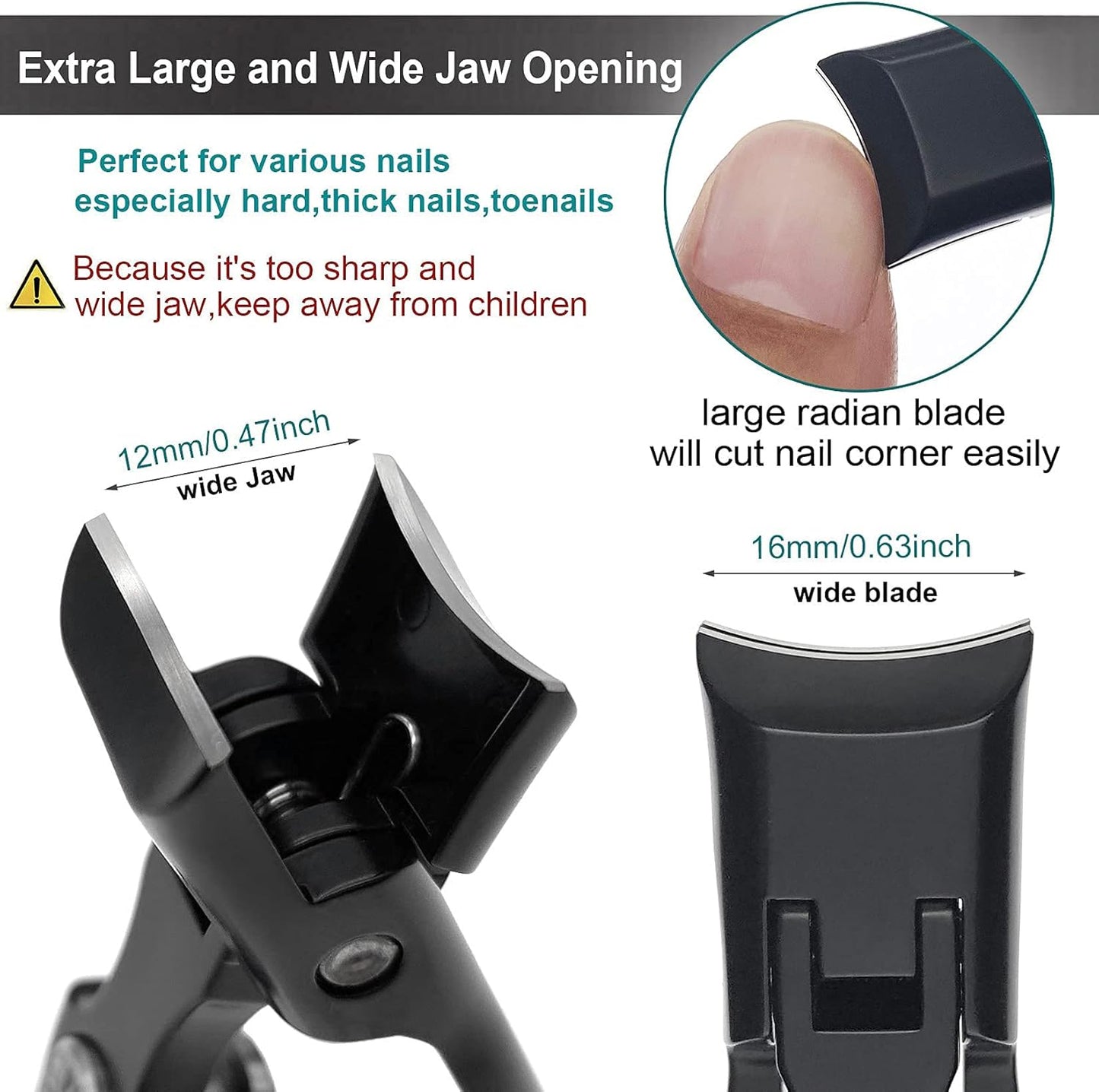 Toe Nail Clippers for Thick Nails for Seniors, Wide Jaw Opening Ultra Sharp No Splash Nail Clippers for Men Heavy Duty Stainless Steel (Black)