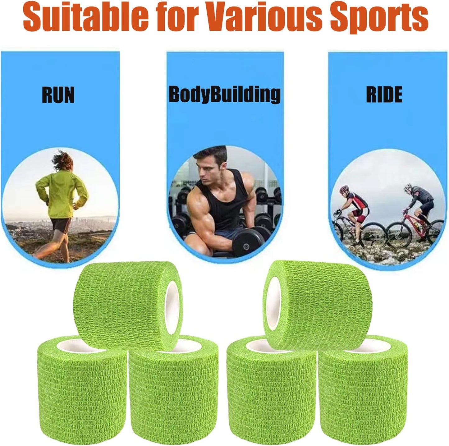 Hysiwen 6 Pack 2" x 5 Yards Self Adhesive Bandage Breathable Cohesive Wrap Self Adherent Vet Tape Self Stick Bandage Wrap for Sports, Athletic, Wrist, Ankle(Green)