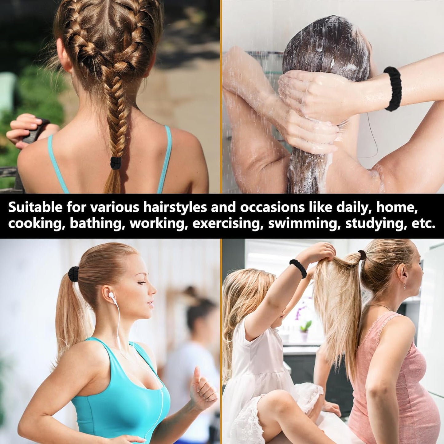 Youxuan No Damage Soft Polyester Hair Ties, No Tug Scrunchies Hair Bands with Strong Elasticity – Black