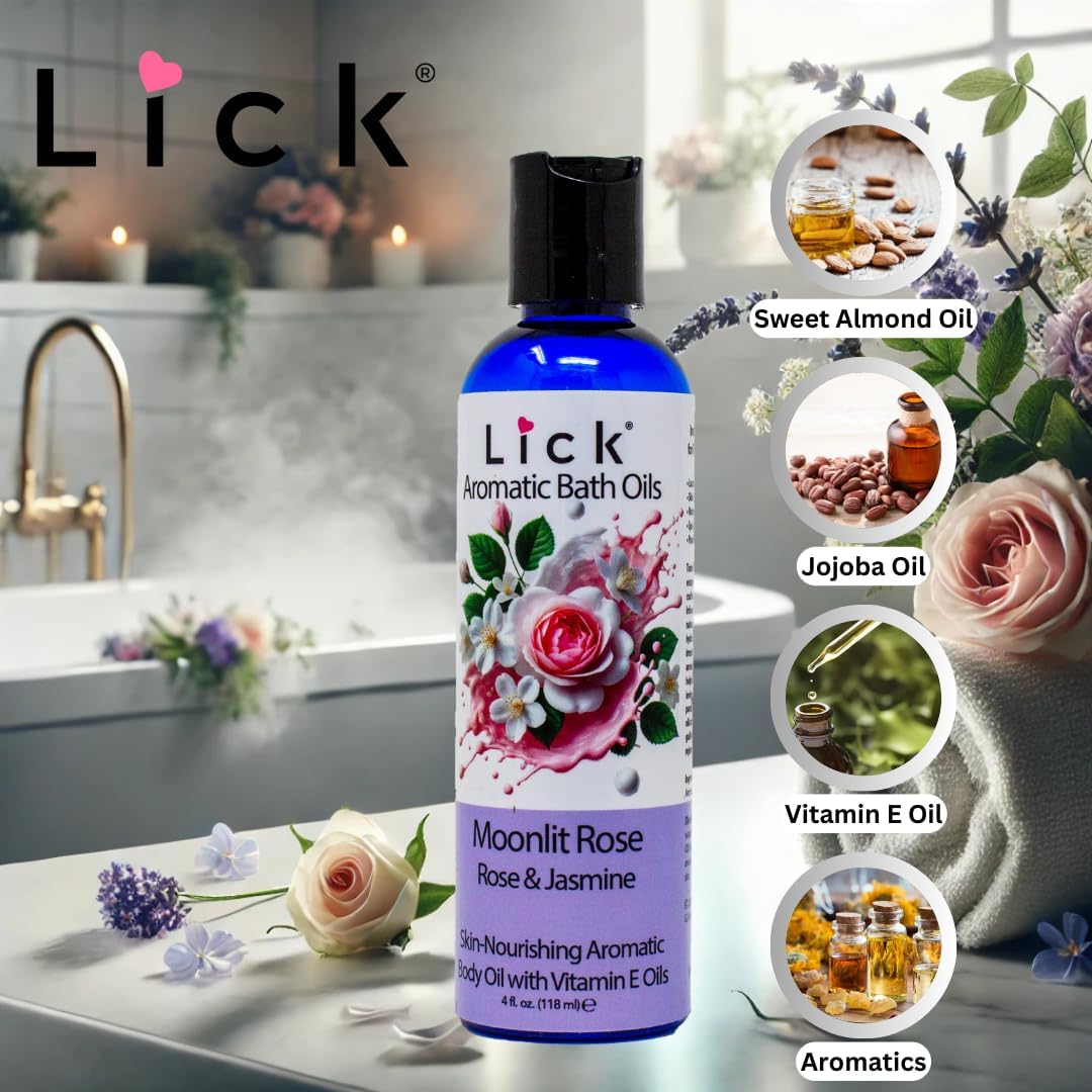 Lick Moonlit Rose Aromatic Bath Oil - Rose and Jasmine. Natural Sweet Almond, Vitamin E & Jojoba Oils a Luxurious Experience for Women. Moisturizes Dry Skin, 12 Enchanting Aromas, Made in USA 4 fl oz