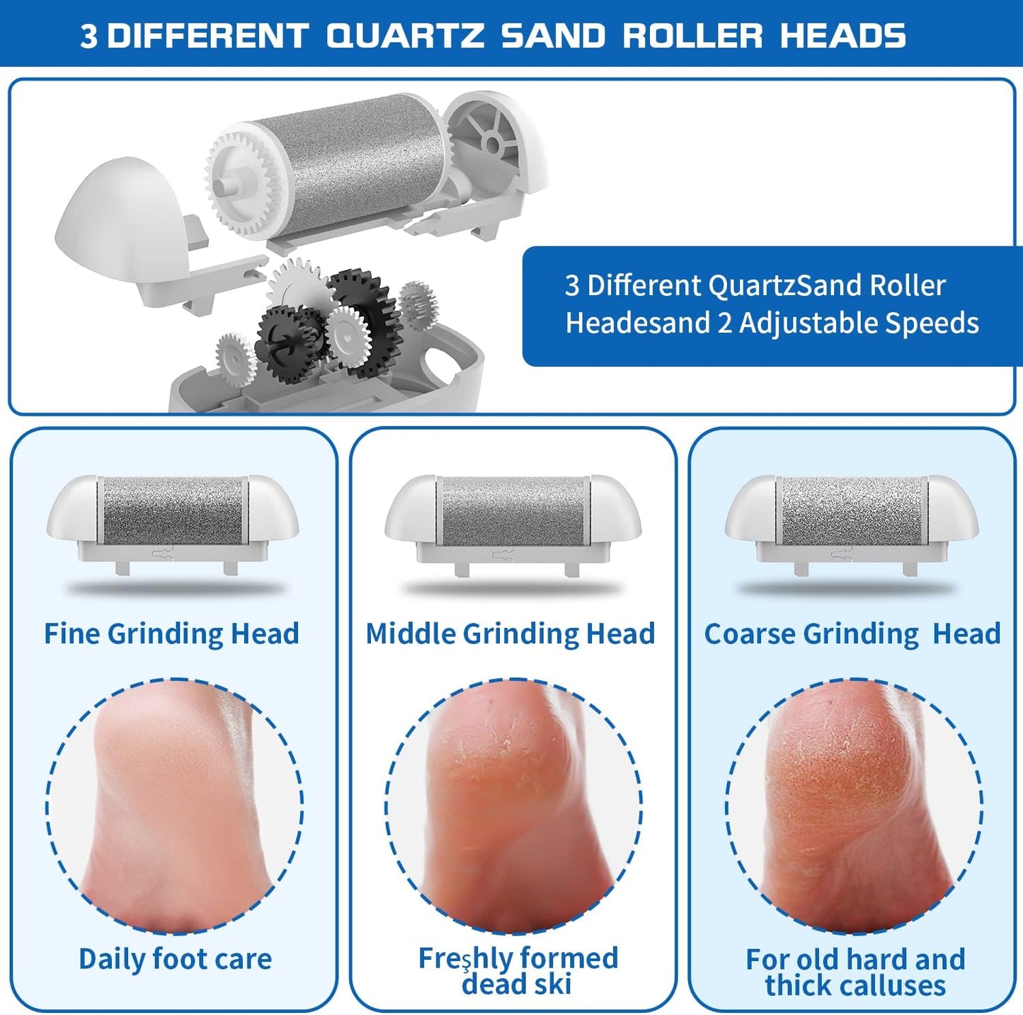 Electric Foot Callus Remover, Rechargeable Portable Electronic Foot File Pedicure Kits, Waterproof Foot Scrubber File, Professional Pedicure Tools, Foot Care for Dead Skin Ideal Gift, 3 Rollers