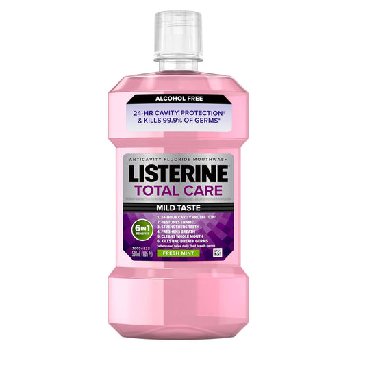 Listerine Total Care Alcohol-Free Anticavity Fluoride Mouthwash, 6 Benefit Oral Rinse to Help Kill 99% of Germs That Cause Bad Breath, Strengthen Enamel, Fresh Mint Flavor, 500 mL