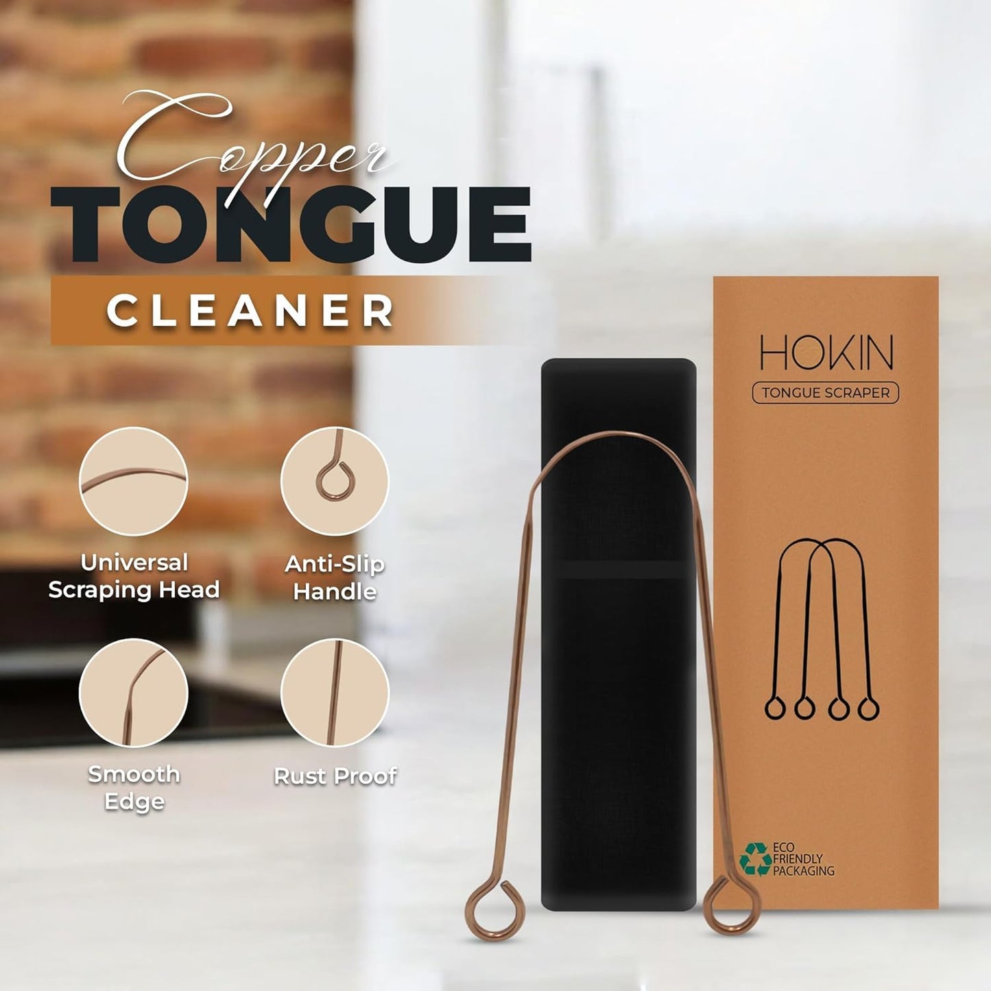 Tongue Scraper for Adults by HOKIN (Copper 2Pcs Oral Care Pack), Copper Tongue Cleaners Reduce Bad Breath, 100% Copper Tough Scrapers Men and Women Hygiene Product