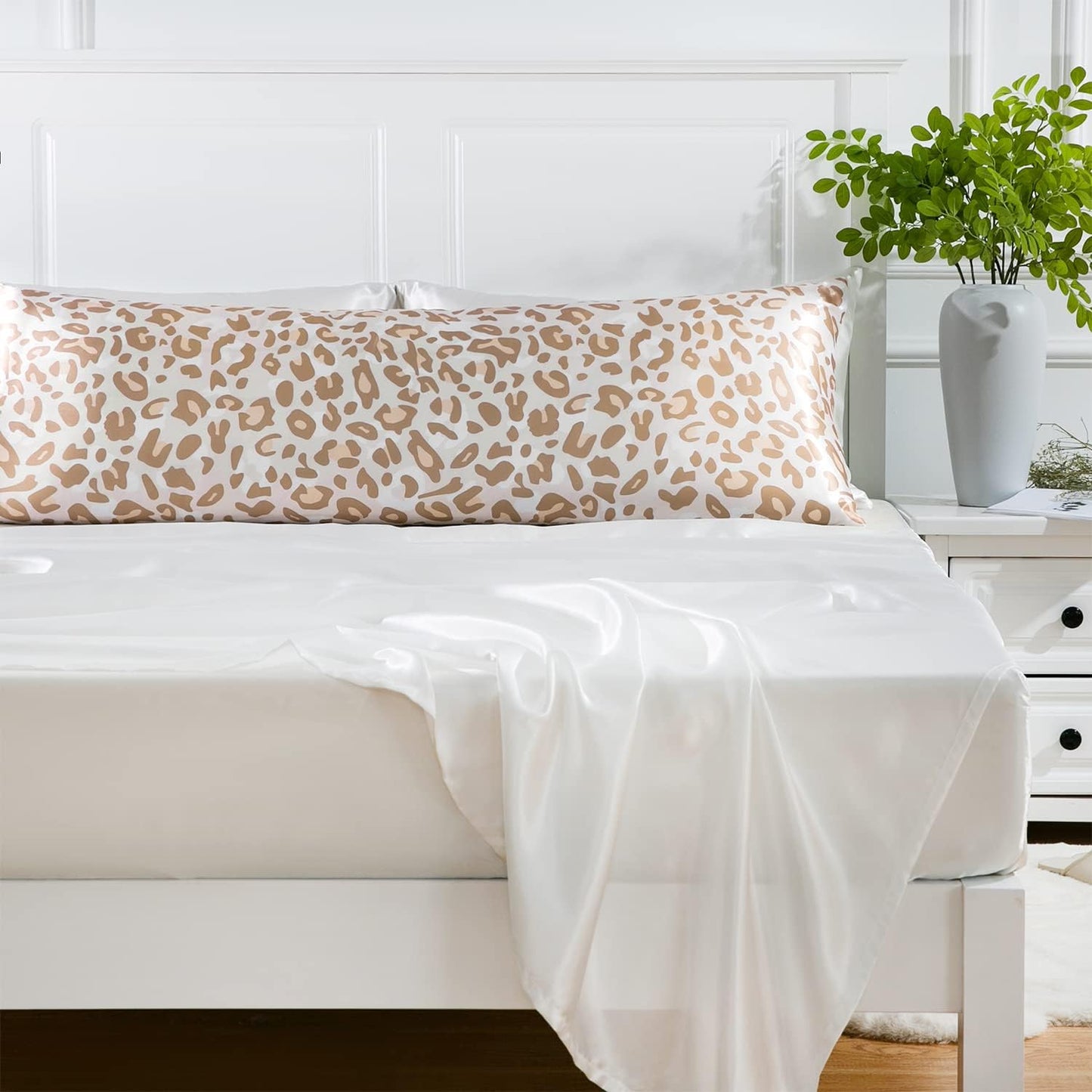 MR&HM Satin Body Pillow Cover, Soft and Breathable Body Pillow Case with Envelope Closure, Cooling and Silky Long Pillowcase for Hair and Skin,Grey (20x54, Champagne Leopard)