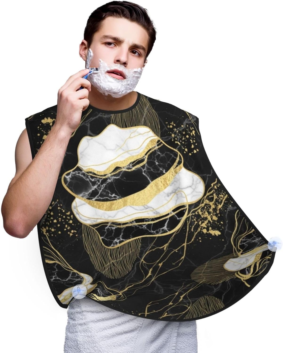 Beard Hair Catcher for Men, Waterproof Shaving Bib Apron Non-Stick, Trimming Tool for Dad Husband, Gold Black Marble Shave Bib