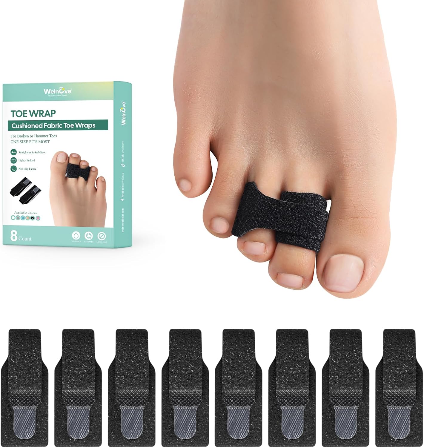 Welnove Hammer Toe Straightener - 8 Pack Broken Toe Wraps - Hammer Toe Corrector for Women - Toe Splints for Crooked Toes, Curled Toes, Bent Toes - (Large, Black)