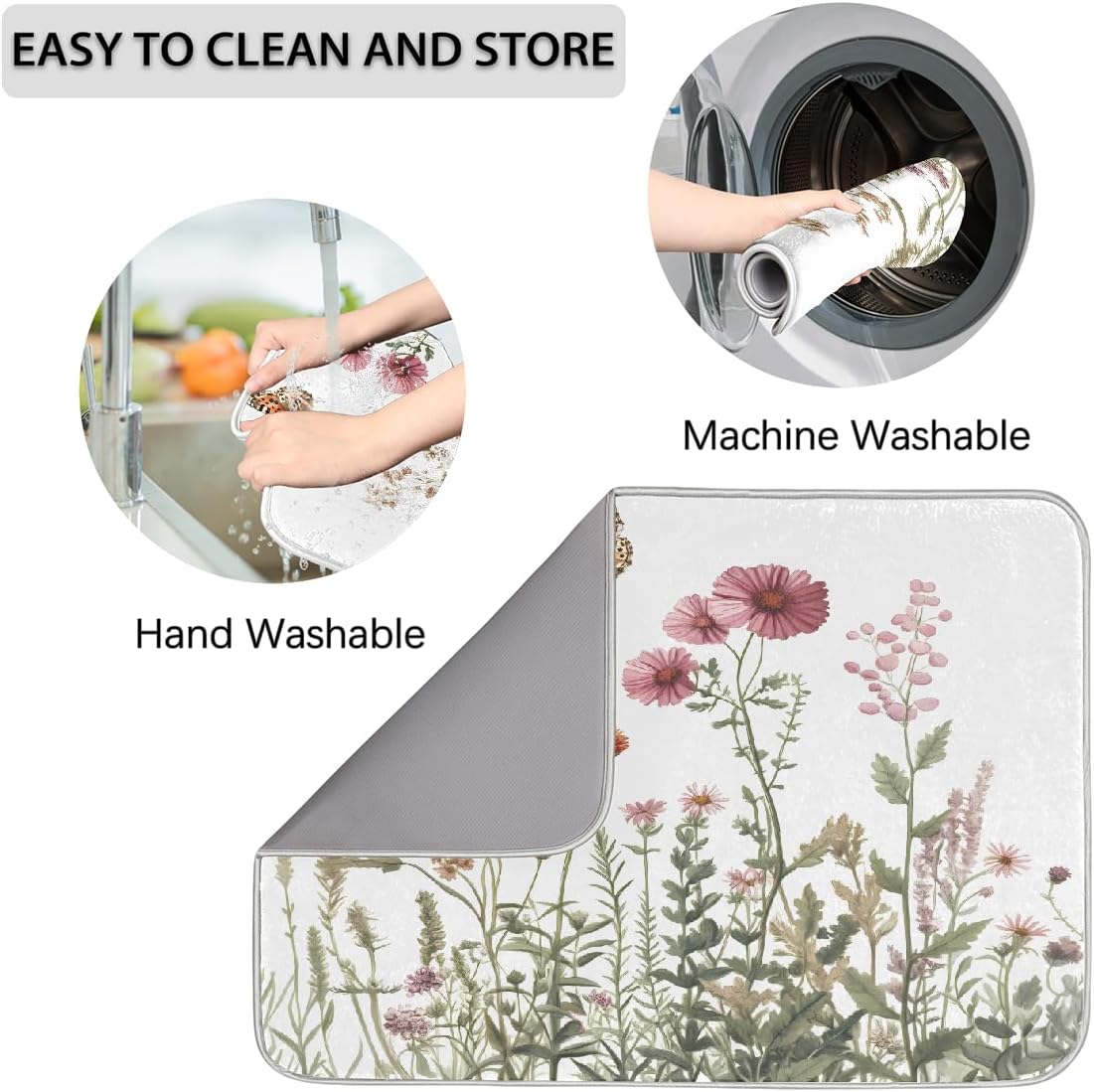 Dish Drying Mat Spring Botanical Butterfly Wildflowers Large Drying Mat for Kitchen Counter 18x24in Absorbent Dish Drainer Rack Pad, Heat Resistant Coffee Bar Mats Countertop Protector