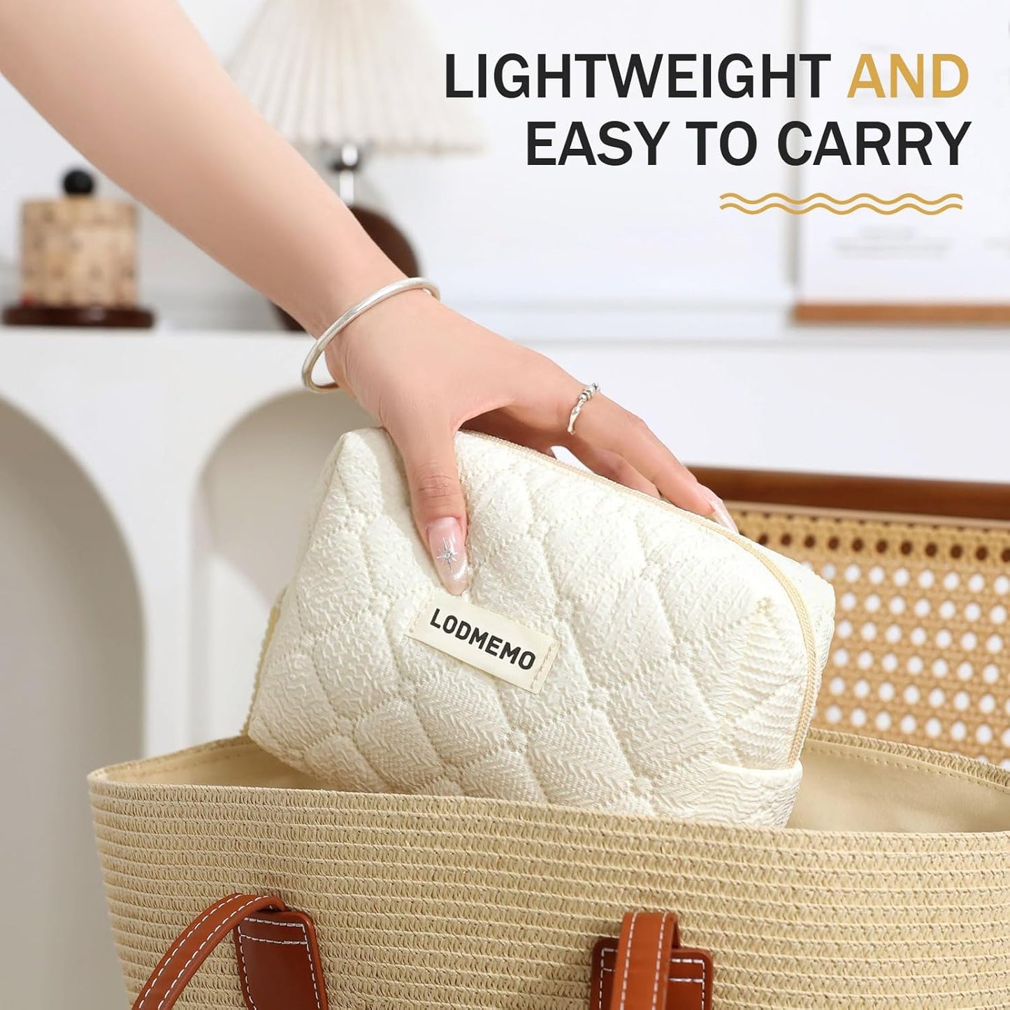 Makeup Bag 3 PCS Cosmetic Bags for Women, Large Travel Make up Bag Set Cute Cotton Toiletry Bag Organizer Pouch for Purse, Beige