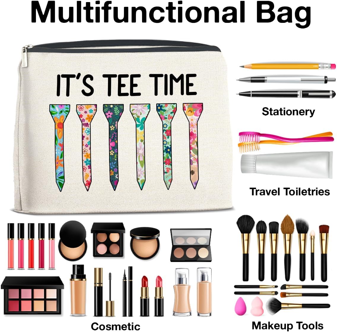 Golf Makeup Bag Gifts for Women Golfer Golf Lovers It's Tee Time Floral Cosmetic Bag Zipper Pouch
