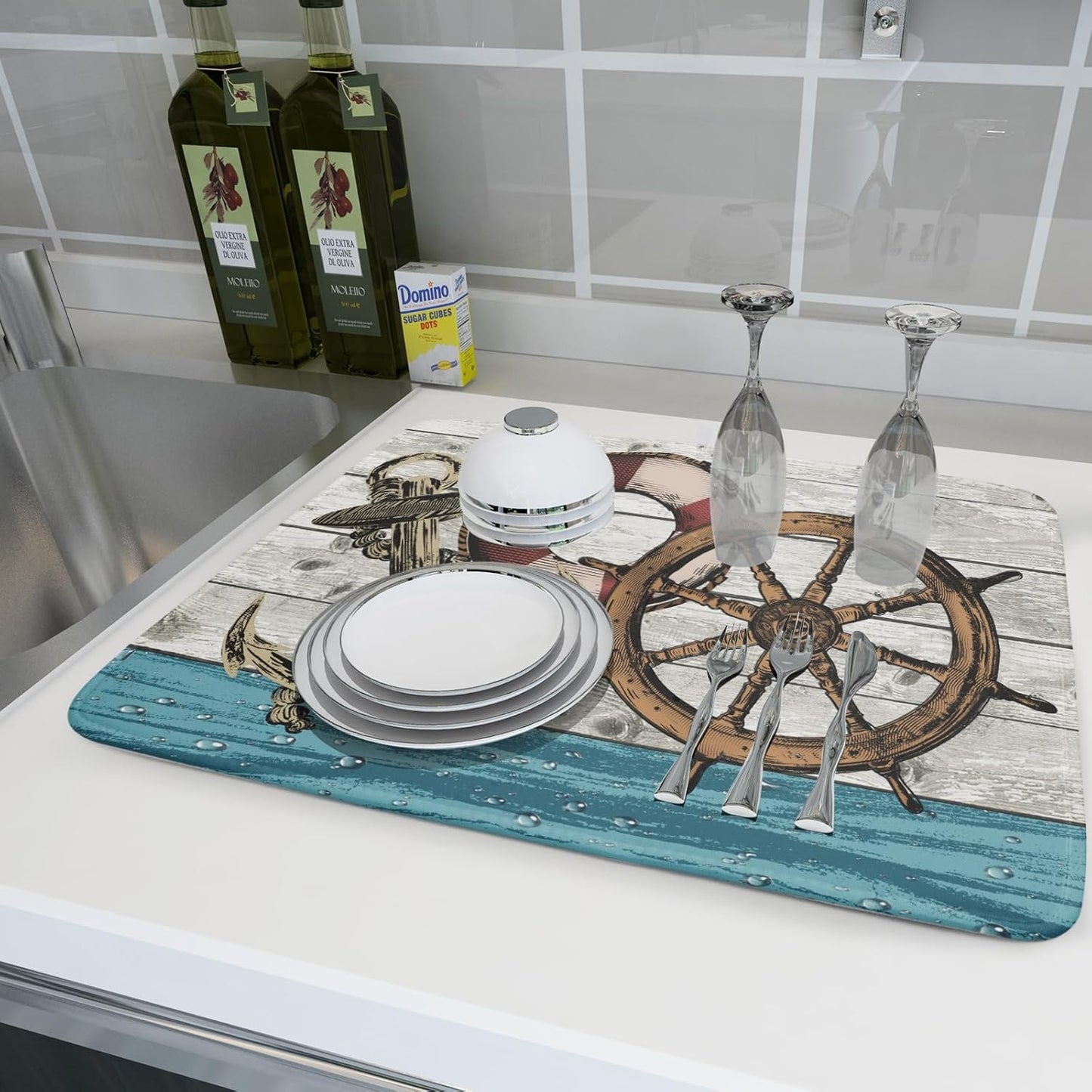 Nautical Anchor Dish Drying Mat 18x24 inch Coastal Boat Fast Dry Microfiber Reversible Dish Drainer Pad Kitchen Countertop Tabletop Decor