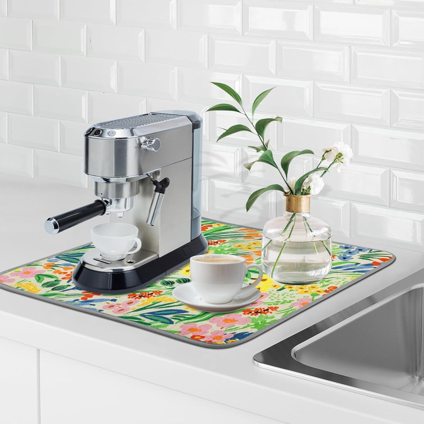 SHIYUE Dish Drying Mat for Kitchen Counter Super Absorbent Spring Kitchen Decor Microfiber Drying Matainers Rack Fast Pad Dish Drainer Mats(Cute Colorful Flowers,16''x18'')