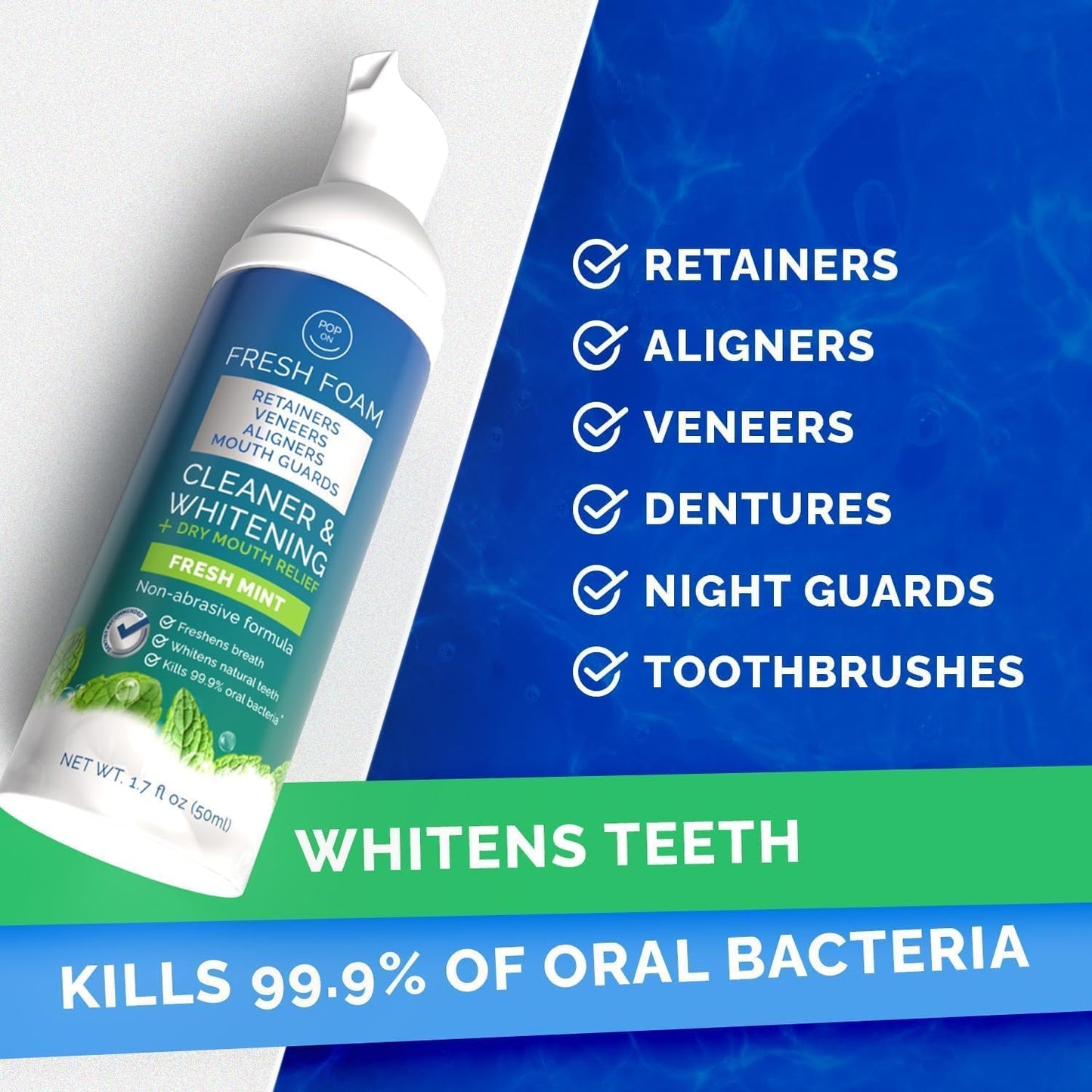 Retainer Cleaner Foam for Invisalign, Aligner Cleaner Whitening Foam for Mouth Guard Night Guard Veneers, Whitens Teeth, Freshens & Fights Bad Breath, 3% Hydrogen Peroxide, Mint - 50ml