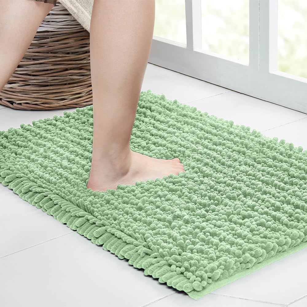 Walensee Bathroom Rug Non Slip Bath Mat (32x20 Sage Green) Water Absorbent Super Soft Shaggy Chenille Machine Washable Dry Extra Thick Perfect Absorbant Best Large Plush Carpet for Shower Floor