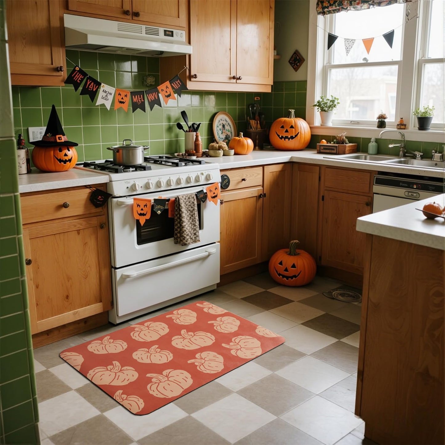 Halloween Bath Mat, Thin Halloween Bathroom Rug Non-Slip Quick Dry Pumpkin Bath Mat Fits Under Door Thin Floor Mat Fall Halloween Decor, 17’’x30‘’, Pumpkins Orange
