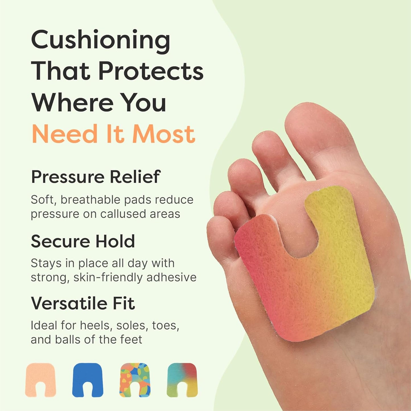 ZenToes Callus Pads | U-Shaped Design Moleskin Blister Pads | Self-Stick Adhesive Felt All Day Comfort Cushions for Calluses and Corns | Reduce Pressure and Friction | 18 Count (ZenRainbow)