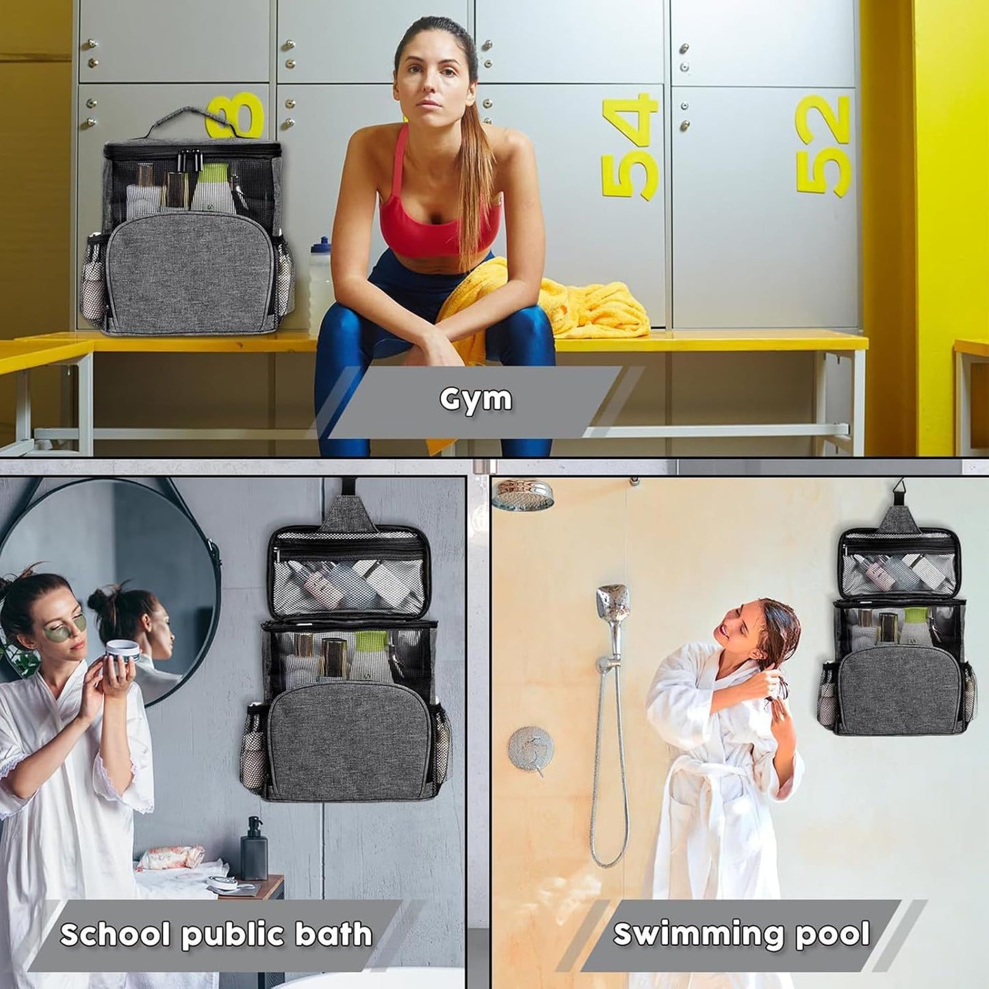 Shower Caddy Hanging Portable-Dorm Room Essentials,Waterproof Shower Bag Travel, Quick Dry- Metal Hooks Bathroom Tote Durable,Men,Women