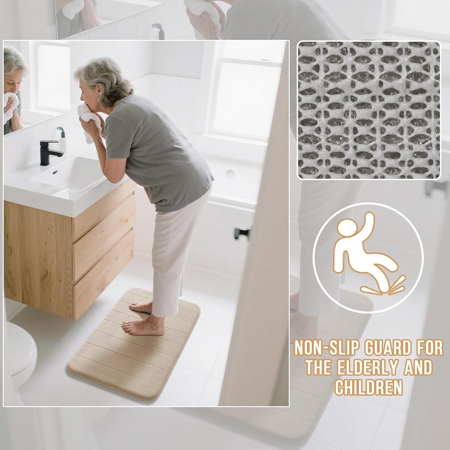 Yimobra Long Bath Mat 44"x24", Super Soft Quick Dry Memory Foam Bathroom Rug, Water Absorbent, Non Slip Backing Machine Washable for Tub Shower, Thick Comfort Support, Beige