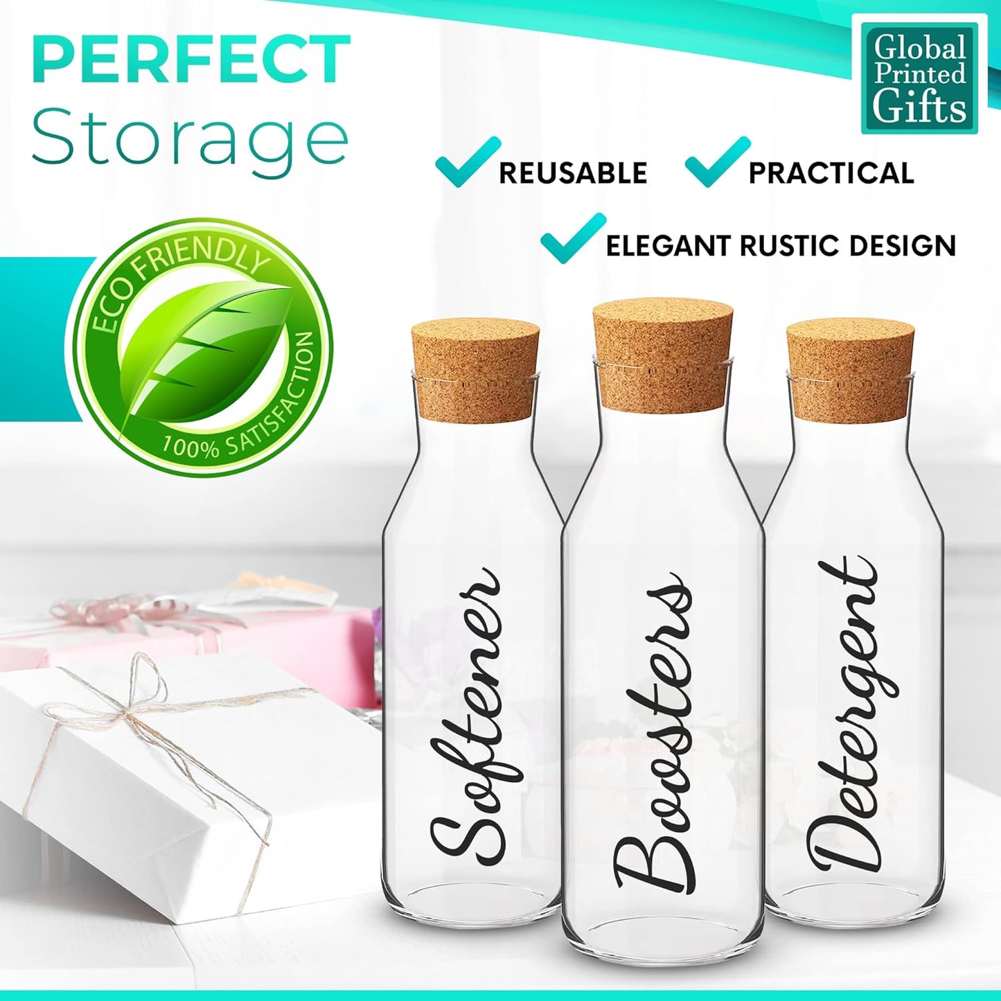 GPG Glass & Cork Storage Jars | 3Pcs Set Kitchen Storage Glass Bottles with Cork Stopper | 1L Softener Detergent Boosters (Set A, Font D)