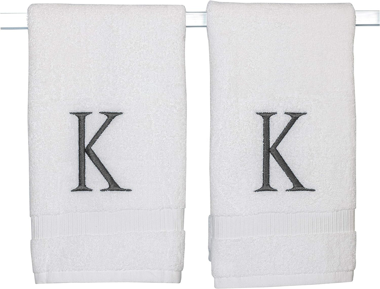 Dark Gray Monogrammed Hand Towels for Bathroom - White Luxury Hotel Quality Personalized Initial Decorative Embroidered Towel for Powder Room, Spa-GOTS Organic Certified - Pack of 2, Letter K