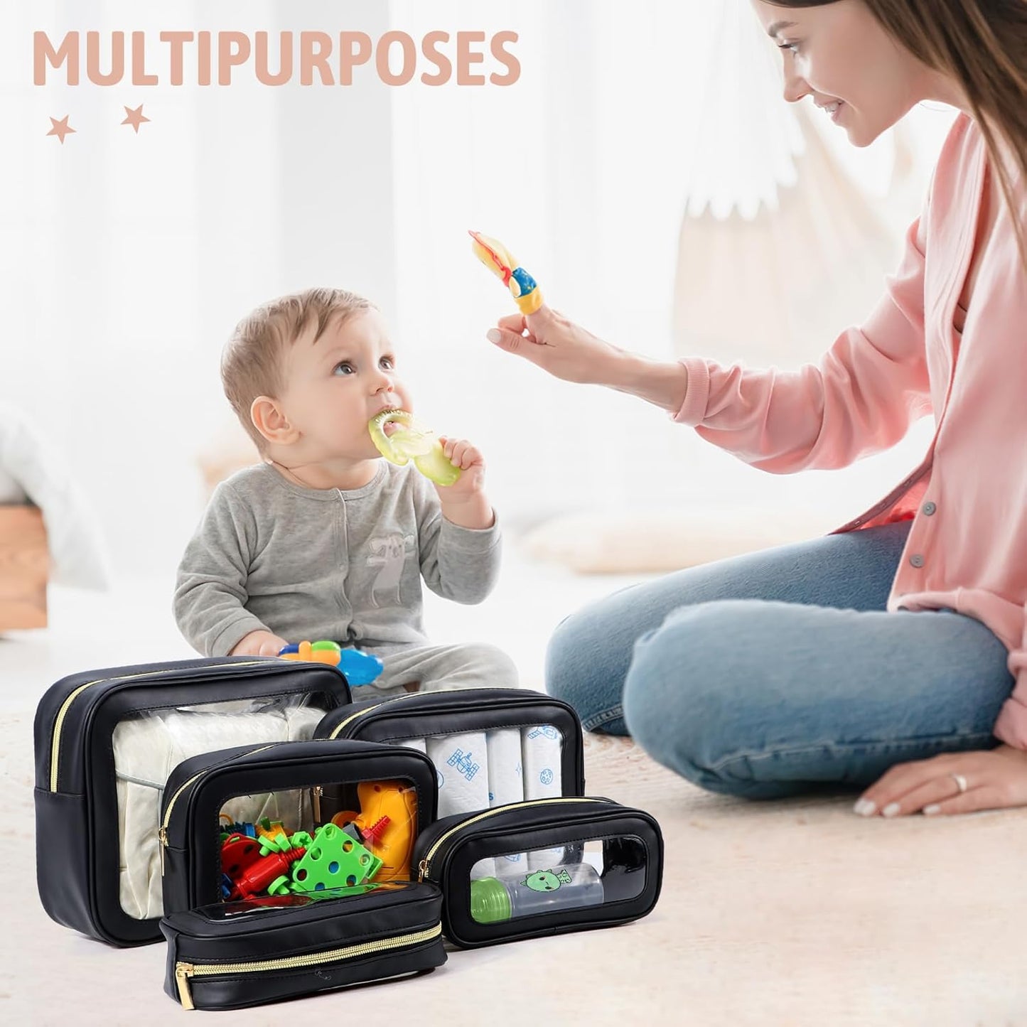 5PCS Diaper Bag Organizer Pouch Set, TSA Approved Toiletry Bag，Clear Waterproof TPU Makeup Bag Set Travel Organizer Bags for Women and Kids